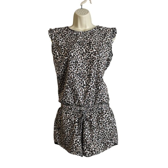 Albion Fit Leopard Print Romper Size Small Drawstring Waist Ruffle Sleeve Pocket - Picture 1 of 5